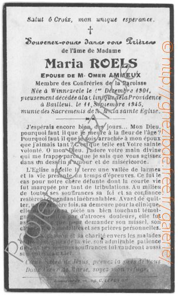 Maria Roels pouse de Omer Ammeux, dcde  Bailleul, le 11 Septembre 1945.
